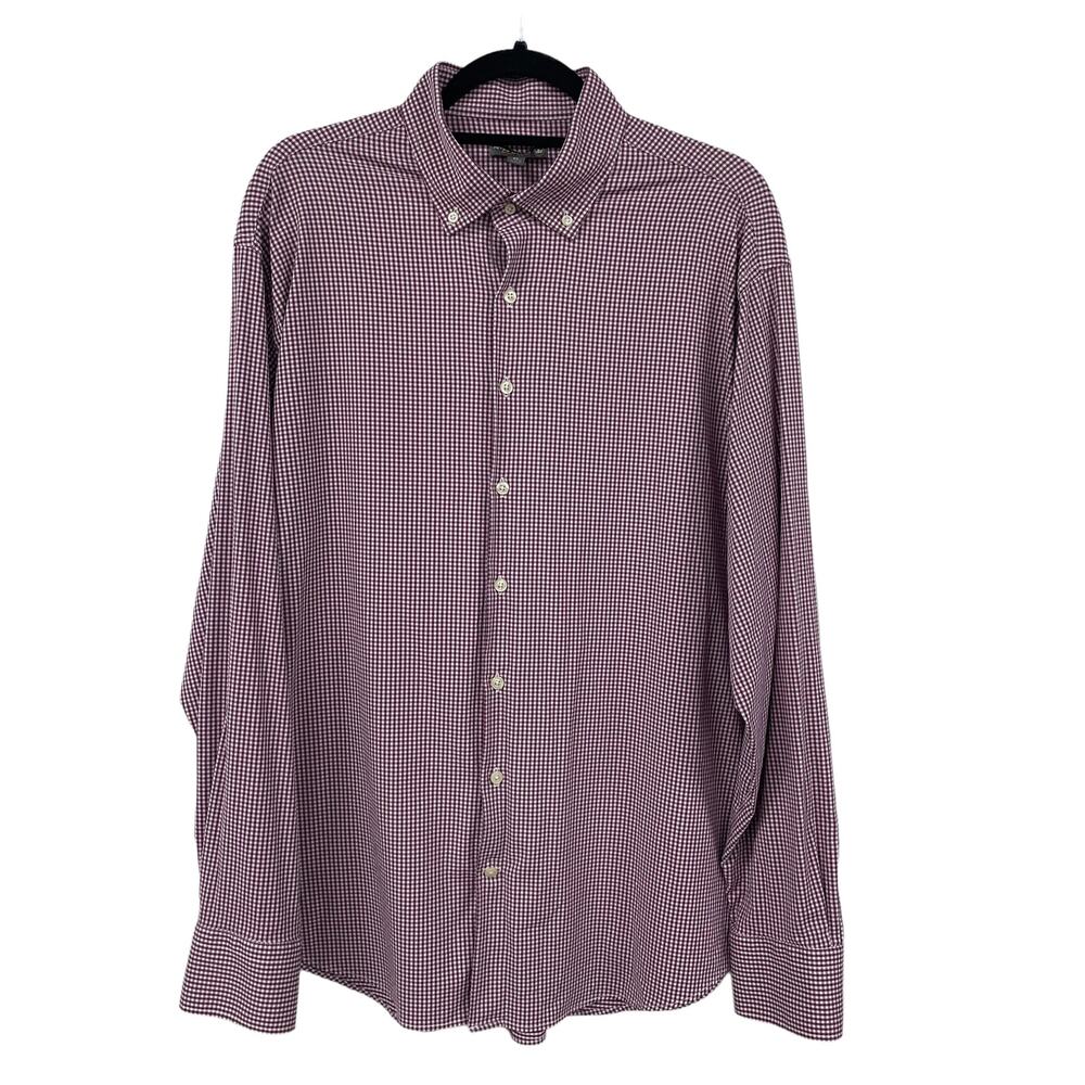 Peter Millar Summer Comfort Long Sleeve Button Up Burgundy White Check Mens XL
